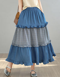 Spring Casual Plaid Patchwork Tiered Denim Maxi Skirt