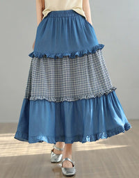 Blue Patchwork Tiered Midi Skirt Elastic Waist