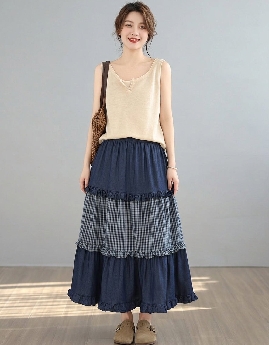 Vintage Plaid Patchwork Denim Maxi Skirt Women