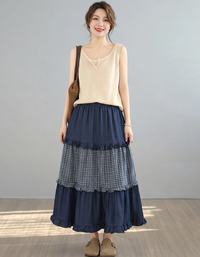 Vintage Plaid Patchwork Denim Maxi Skirt Women