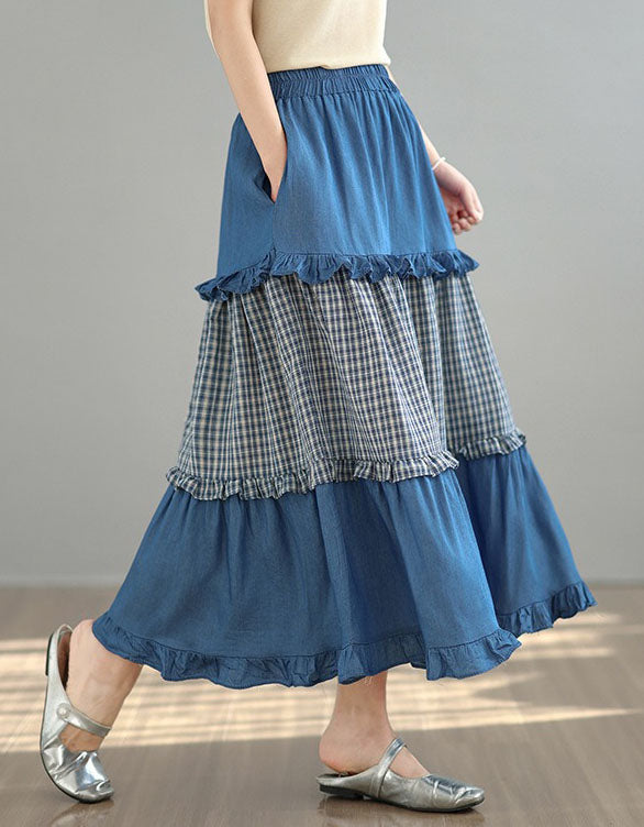 women blue plaid patchwork skirt tiered ruffle hem