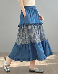 women blue plaid patchwork skirt tiered ruffle hem