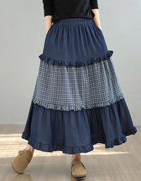 Women Patchwork Maxi Skirt Blue Plaid Ruffle Hem