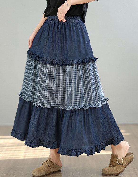 Casual Blue Tiered Skirt Plaid Patchwork Loose Fit