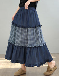 Casual Blue Tiered Skirt Plaid Patchwork Loose Fit