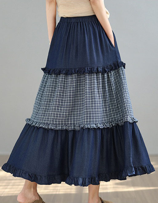 boho tiered maxi skirt blue denim and plaid design