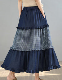 boho tiered maxi skirt blue denim and plaid design