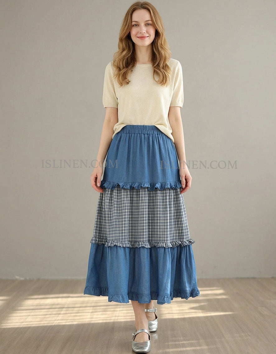 Boho Blue Tiered Skirt Plaid Ruffle Elastic Waist