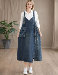 vintage denim wrap pinafore dress women front view