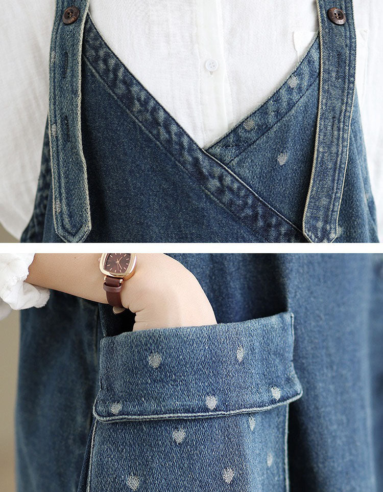 Close-up of vintage midi denim dress women adjustable straps