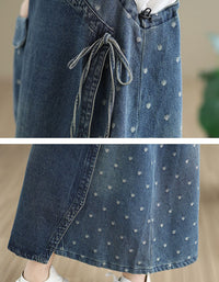 Close-up of casual denim wrap dress women with front pocket