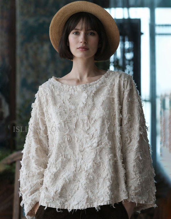 Boho Textured Linen Blouse Loose Fit Women Top