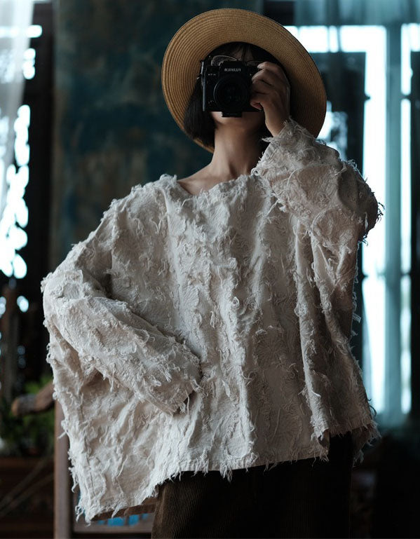 Vintage Loose Linen Top Women Textured Boho Style
