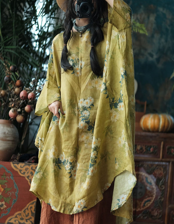 Boho Floral Linen Loose Fit Kaftan Dress for Women