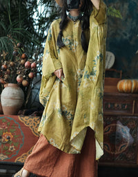 Women Vintage Linen Floral Print Oversized Dress