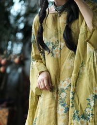 Retro Floral Linen Kaftan Dress Casual Oversized Fit