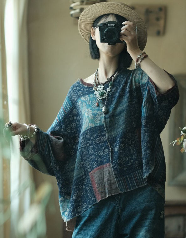 Boho Patchwork Linen Blouse Women Casual Fit