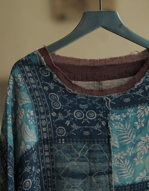 Boho patchwork linen top women casual outfit