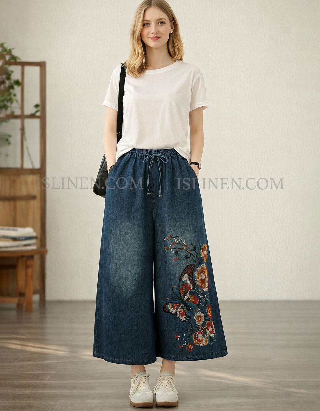 Stylish Embroidered Denim Wide Leg Pants with Butterfly Design
