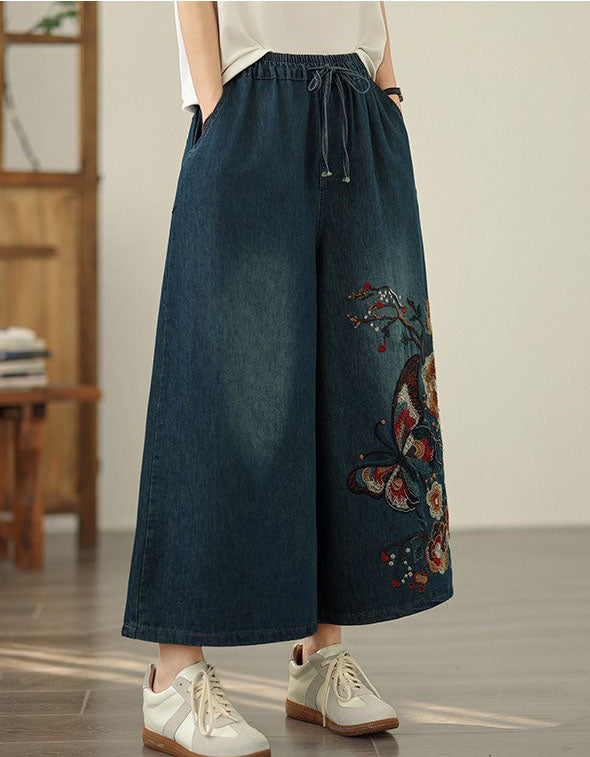 Floral Embroidered Denim Jogger Pants for Women
