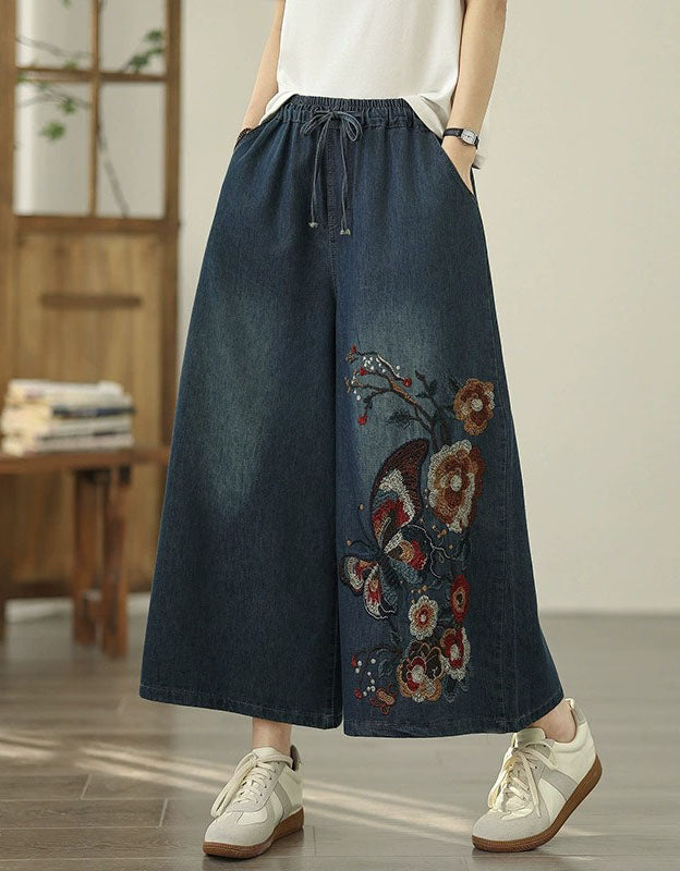 Casual Denim Pants for Women Featuring Floral Embroidery