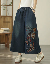 Casual Denim Pants for Women Featuring Floral Embroidery