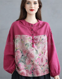 Floral print pink hooded blouse with button-up front