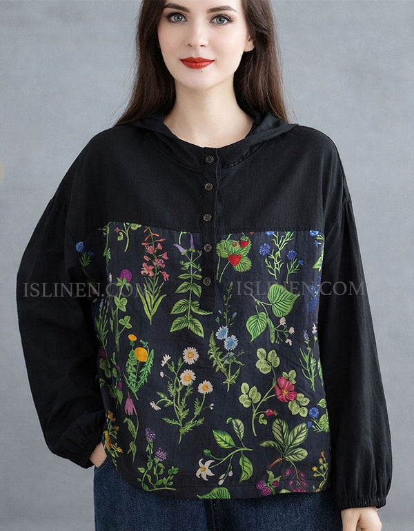 Floral print black hooded blouse with button-up front