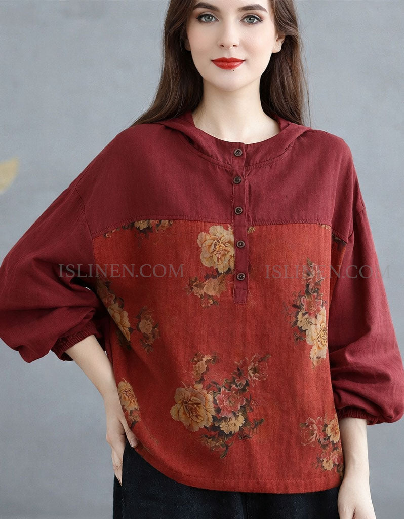 Floral print red hooded blouse with button-up front