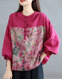 Pink Floral Print Hooded Casual Blouse