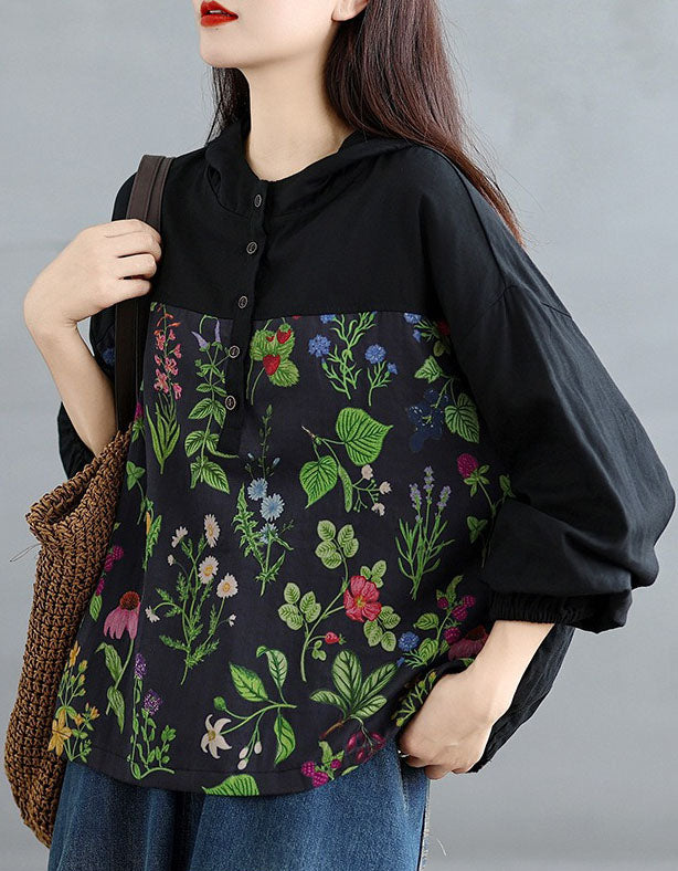 Black Floral Print Hooded Casual Blouse