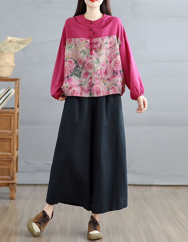 Pink Floral Print Hooded Casual Blouse Full Body Front View