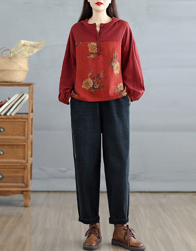 Red Floral Print Hooded Casual Blouse Full Body Front View