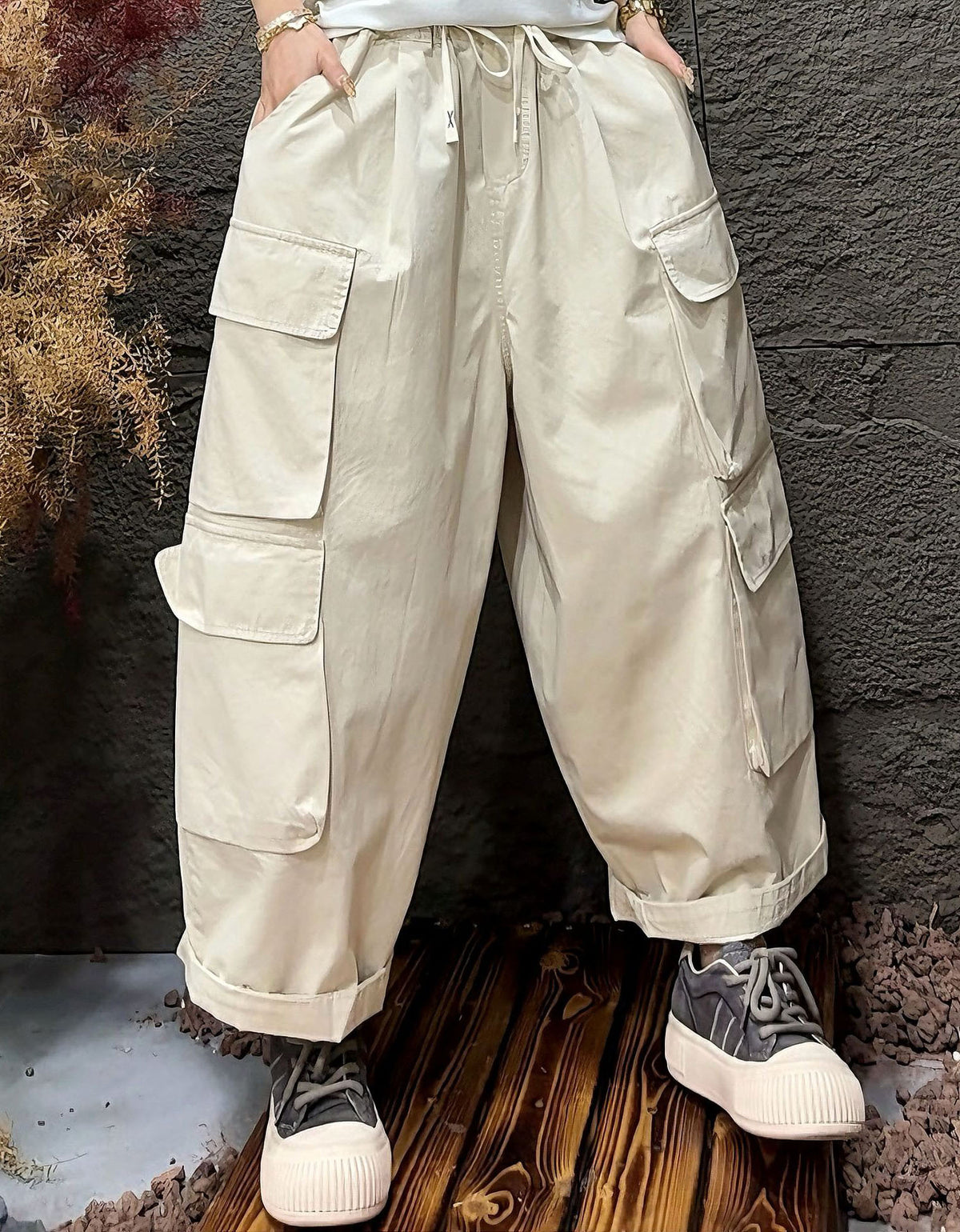 High Waist Cream Cargo Pants – Loose Fit Wide Leg Street Style Pants for Women