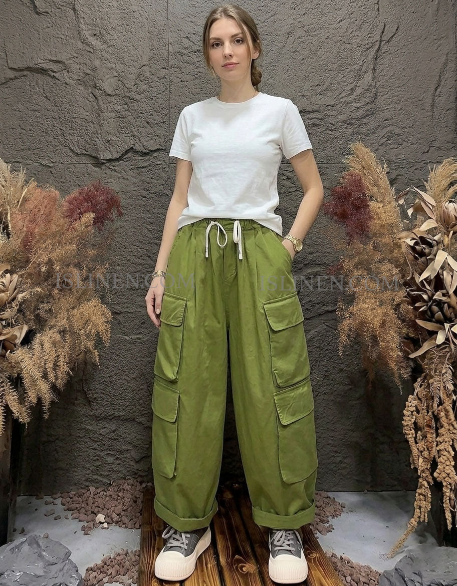 Women’s Baggy Cargo Pants – Green Utility Wide Leg Casual Trousers