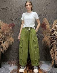 Women’s Baggy Cargo Pants – Green Utility Wide Leg Casual Trousers