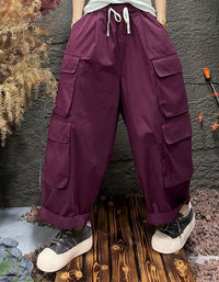 High waist purple cargo pants with drawstring and large side pockets