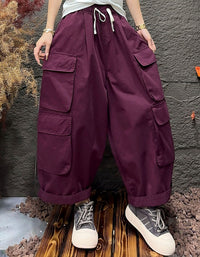 Casual outfit with purple cargo trousers and relaxed fit design
