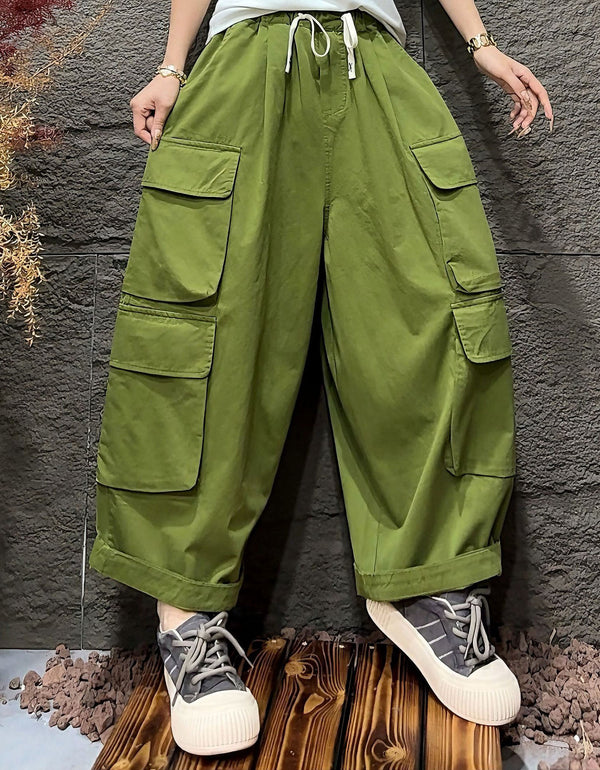 Women’s Green Cargo Pants – Wide Leg Casual Loose Fit Trousers with Pockets
