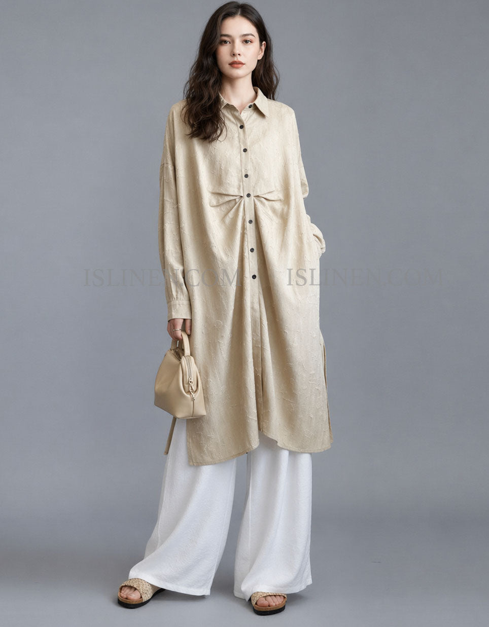 Women beige linen shirt dress oversized button down front view