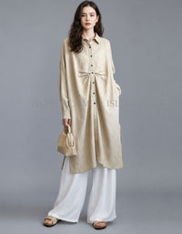 Women beige linen shirt dress oversized button down front view