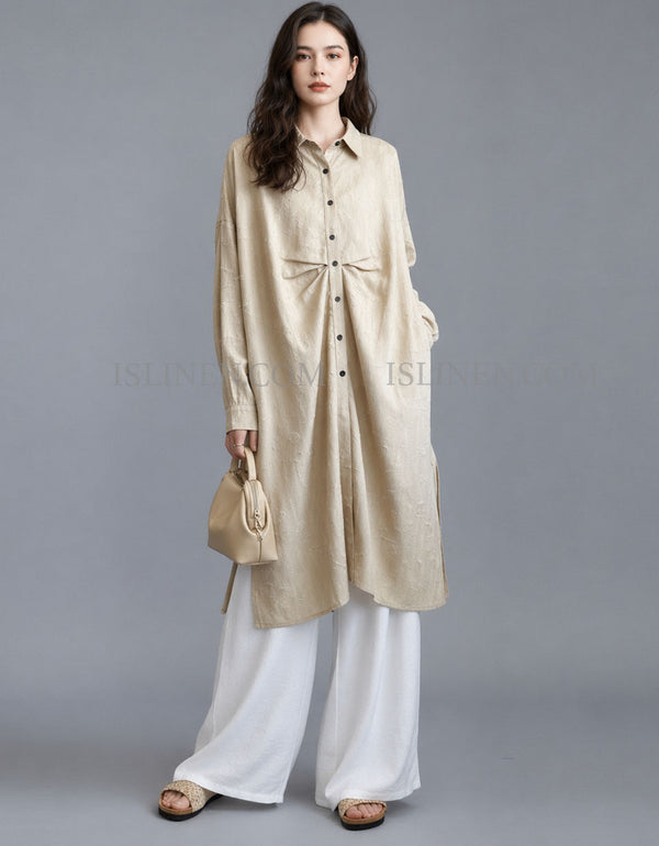 Women beige linen shirt dress oversized button down front view