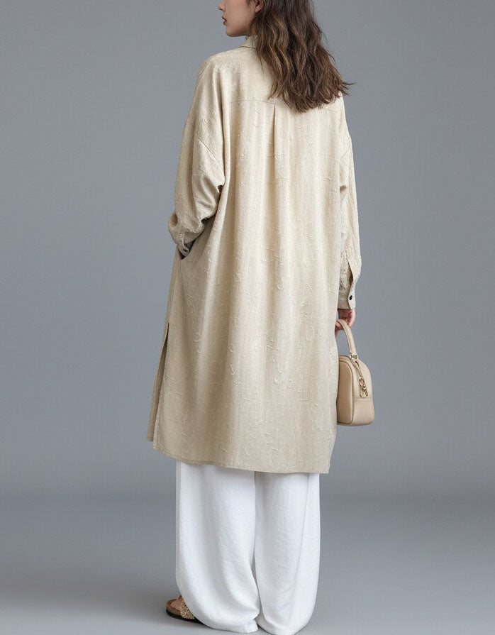 Women’s Beige Linen Shirt Dress Button Down Loose Fit
