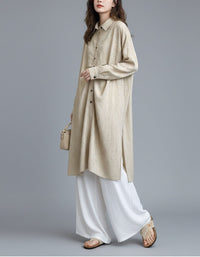 Spring Loose Long Sleeve Button Down Linen Shirt Dress