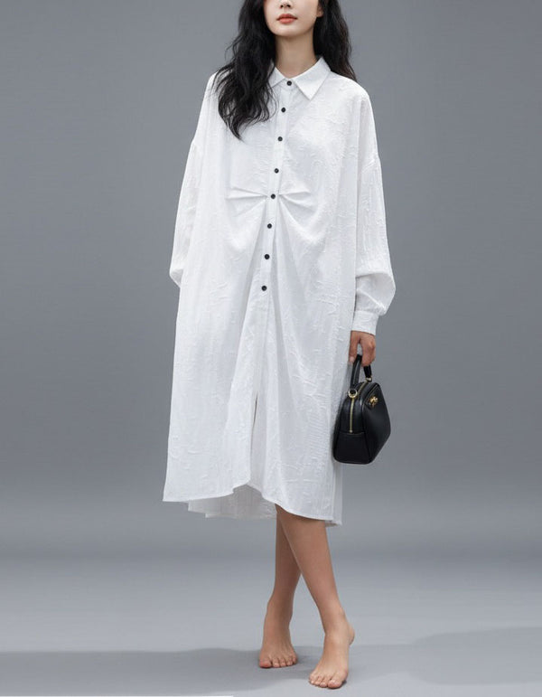 Long sleeve cotton linen shirt dress loose fit casual style