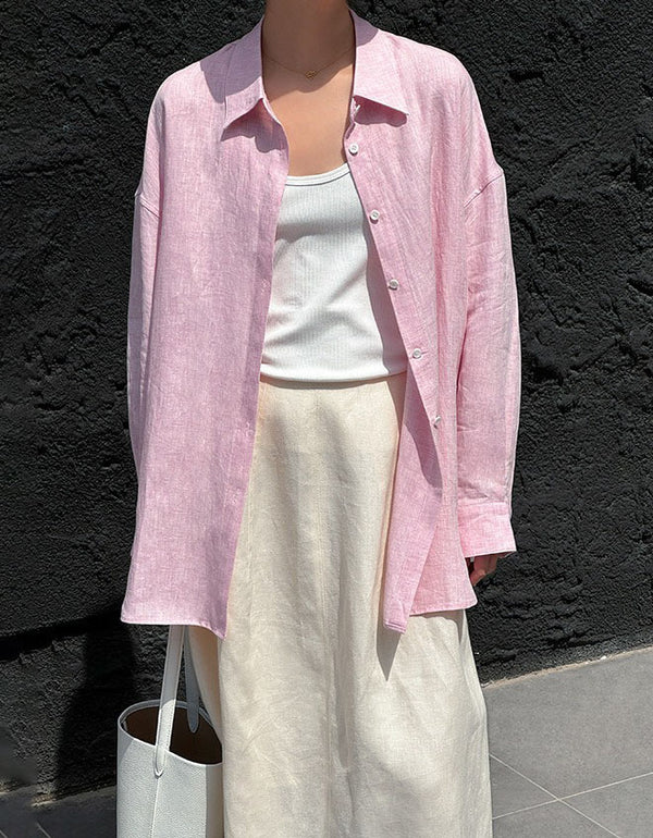 Women wearing oversized linen button shirt lightweight summer fashion top
