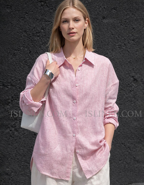 Casual pink linen shirt women relaxed fit breathable minimalist clothing