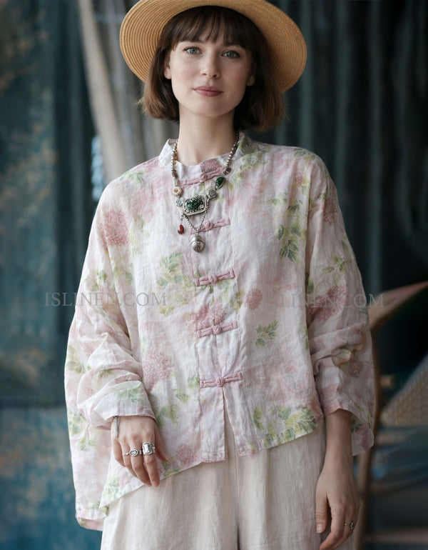 women floral linen blouse chinese style frog button vintage top