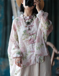 boho floral linen shirt women lightweight vintage blouse
