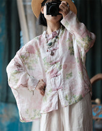 women chinese style linen top frog button casual floral blouse